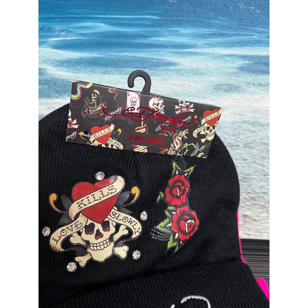 🎁Ed Hardy 2 Pack Beanies Black Pink Love Kills Slowly Rhinestone Hats - Picture 5 of 8